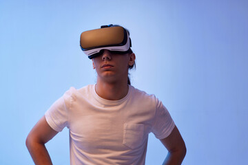 Young man using virtual reality headset. VR gadgets