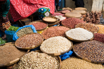 Grain, beans, spices, nuts and seeds on sale in the market at Lilongwe, Malawi, Africa