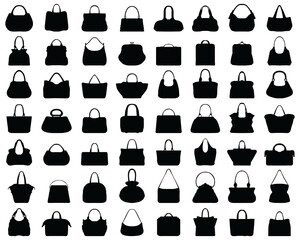 Fototapeta na wymiar Black silhouettes of different women's handbags on a white background 