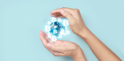 Hands showing bitcoin icon as virtual money digital