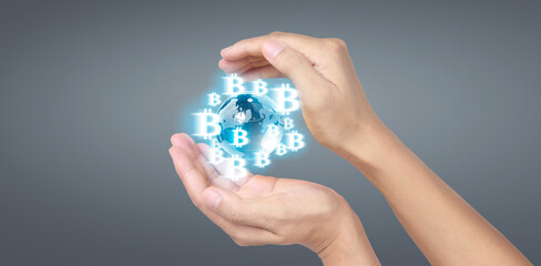 Hands showing bitcoin icon as virtual money digital