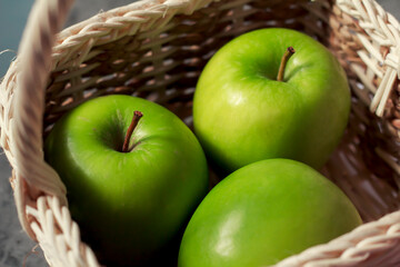 An image select focus close-up apple green fresh is fruit or food for health contain in a basket with light and shadow, relying on harvesting produce from the garden.