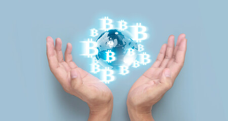 Hands showing bitcoin icon as virtual money digital