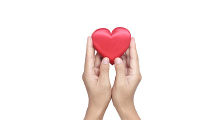 Hands holding red heart. heart health donation concepts