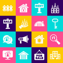 Set House, Search house, key, Hanging sign with Rent, Skyscraper, Sale, Garden fence wooden and Warehouse icon. Vector