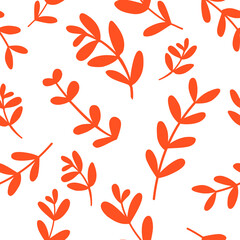 Leaves and branches. Seamless pattern with hand-drawn plants. Botanical seasonal background. Modern and original textiles, wrapping paper, wall design. Simple minimalist graphics.