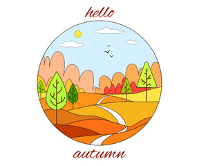 Fototapeta premium Hello autumn round postcard with autumn landscape