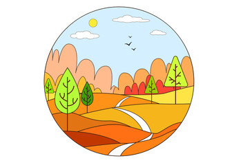 Vector Autumn round postcard with landscape