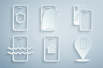 Set Mobile with smart home, broken screen, Waterproof phone, Phone repair service, Glass protector and shield icon. Vector