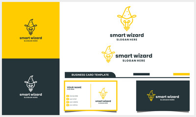 light bulb and wizard with line art logo concept and business card template