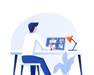 Illustration vector graphic of Man having a conference call with his business team online, telecommuting, remote work and business communications concept flat design