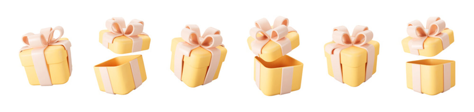 3d orange gift boxes open and closed set with pastel ribbon bow isolated on a white background. 3d render flying modern holiday surprise box. Realistic vector icon for birthday or wedding banners