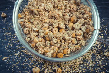 Chamomile as herb using in alternative medicine. Source vitamins and minerals