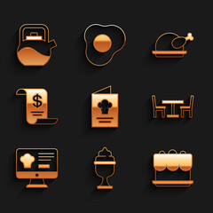 Set Cookbook, Ice cream in bowl, Cake, Wooden table with chair, Online ordering and delivery, Paper financial check, Roasted turkey chicken and Kettle handle icon. Vector