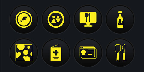 Set Cheese, Wine bottle, Cookbook, Online ordering and delivery, Cafe restaurant location, Toilet, Knife spoon and Served fish plate icon. Vector