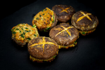 Korean food Pyogobeoseot-Jeon which is fried Shiitake mushroom with meatball