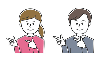 Young lady and man guiding someone to somewhere. Vector illustration isolated on white background.