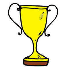 Vector gold cup. A doodle-style yellow cup with a black outline on a brown stand is a reward, side view. the number one winner symbol on a white background for the design template