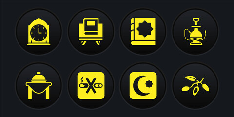 Set Table food, Hookah, No Smoking, Star and crescent, Holy book of Koran, Date fruit and Clock icon. Vector