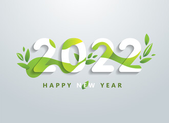 Happy 2022 new year with natural green leaves banner. Greetings and invitations, New year Christmas friendly themed congratulations, cards and natural background. Vector illustration