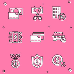 Set Credit card, Scissors cutting money, House with percant discount, Smartphone dollar, Car leasing percent, Euro plant and Shield icon. Vector