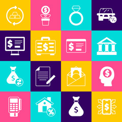 Set Smartphone with dollar, Business man planning mind, Bank building, Diamond engagement ring, Briefcase and money, Monitor, Gold bars and Online banking icon. Vector