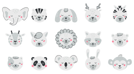 Set with faces cute animals for kid. Collection baby animal characters in flat style. Black and white illustration with cat, dog, lion, bear, fox isolated on white background. Vector