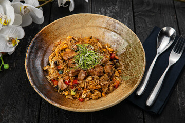 Rice with meat. Japanese cuisine
