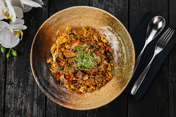 Rice with meat. Japanese cuisine
