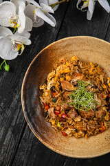 Rice with meat. Japanese cuisine
