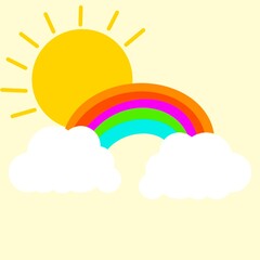 Cute multicolored rainbow with big white cloud. Weather symbol. Decorative wall sticker for children room. Flat vector design. big sun