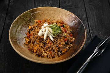 Rice with mushrooms. Japanese cuisine
