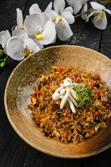 Rice with mushrooms. Japanese cuisine
