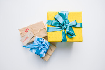 decorated gift boxes overhead top view