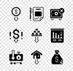 Set Dollar rate decrease, Contract money and pen, Safe, Drop in crude oil price, Falling property prices, Money bag, and Gold bars icon. Vector