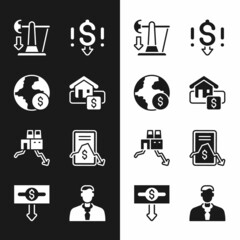 Set Hanging sign with Sale, Global economic crisis, Drop crude oil price, Dollar rate decrease, Shutdown of factory, Mobile stock trading, Worker and icon. Vector