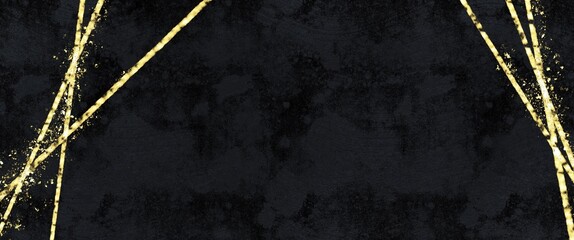 Abstract black background with texture and gold line art, luxury decorative illustration, kintsugi art, metallic lines