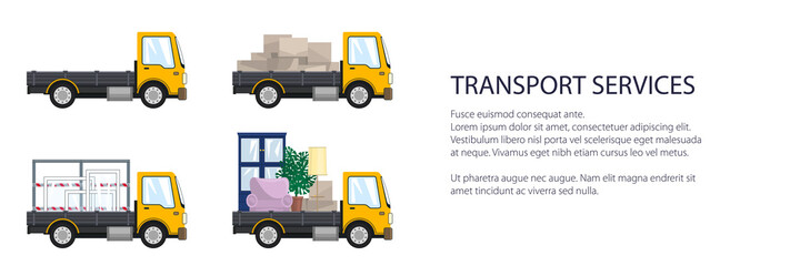 Yellow small trucks with different loads , empty and covered trucks, lorries with furniture and windows, delivery services banner, transport services and logistics, vector illustration