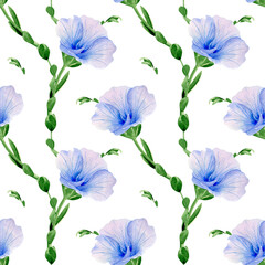 Seamless linen pattern. Watercolor background with blue flowers and green leaves for textile, wallpapers, souvenirs