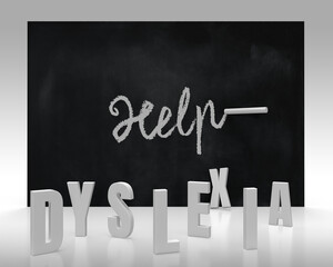 The text help on the blackboard and dyslexia on the background floor.