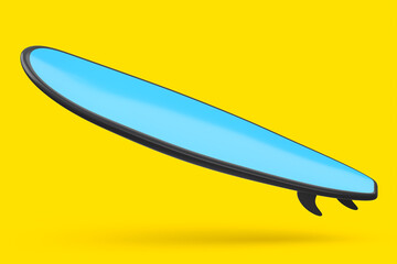 Realistic blue surfboard for summer surfing isolated on yellow background.
