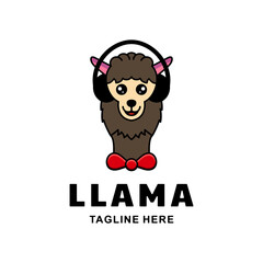 Cute llamas or alpacas wearing headset,vector cartoon logo design