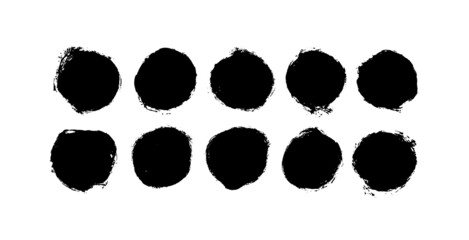 Collection of black painted vector circles. Hand drawn ink blobs, round buttons, grunge dots. Hand drawn grunge shapes isolated on white background. Circles with dry rough edges. Rounded brushstrokes.