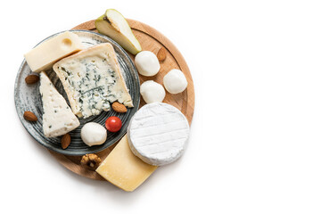 Cheese board on a white  background top view with a copy space .  Mixed cheese isolated .  Parmesan...