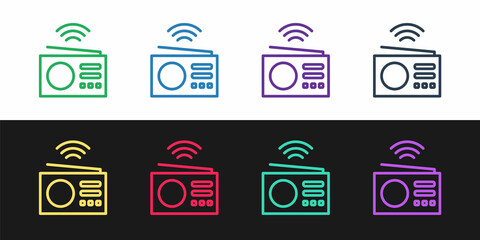 Set line Smart radio system icon isolated on black and white background. Internet of things concept with wireless connection. Vector