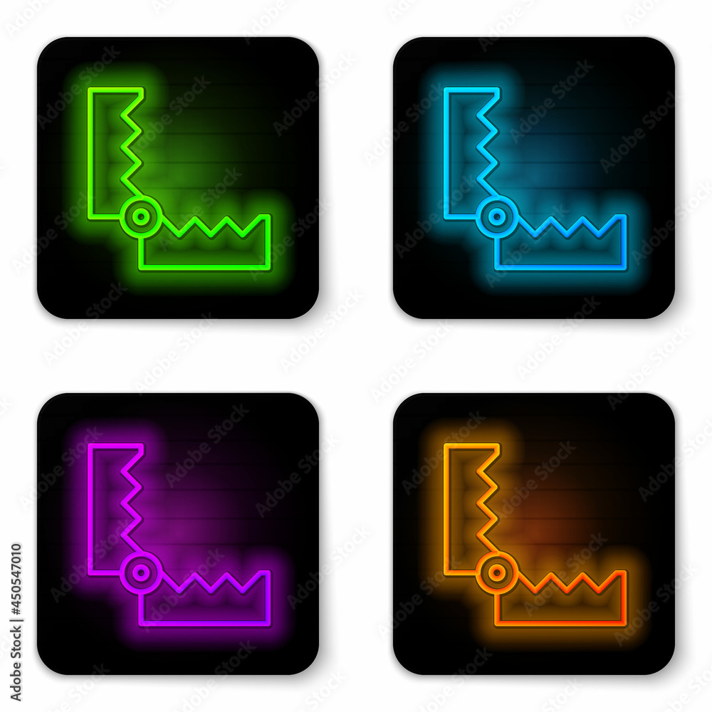 Sticker Glowing neon line Trap hunting icon isolated on white background. Black square button. Vector