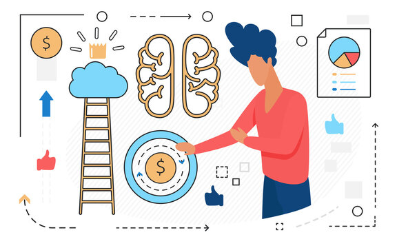 Brainstorm of business people, ladder to financial success, career growth concept vector illustration. Cartoon businessman character with giant human brain, money coin line icons isolated on white