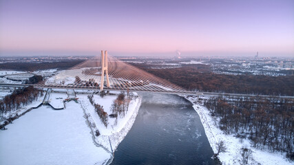 Winter drone photography of Redzinski Bridge over the Odra River in Wroclaw, Poland