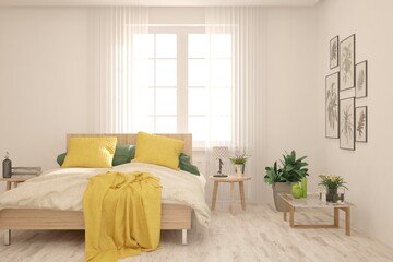 Soft color bedroom interior. Scandinavian design. 3D illustration