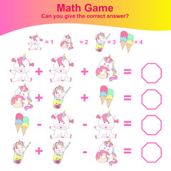 Counting unicorn game for children. Cute unicorn math worksheet. Educational printable math worksheet. Vector illustration in cartoon style.